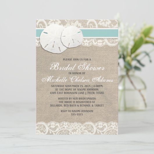 Strand rustieke jute kant bruids douche uitnodigin kaart (Staand voorkant)