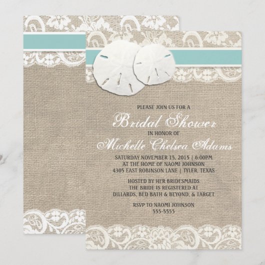 Strand rustieke jute kant bruids douche uitnodigin kaart (Voorkant / Achterkant)