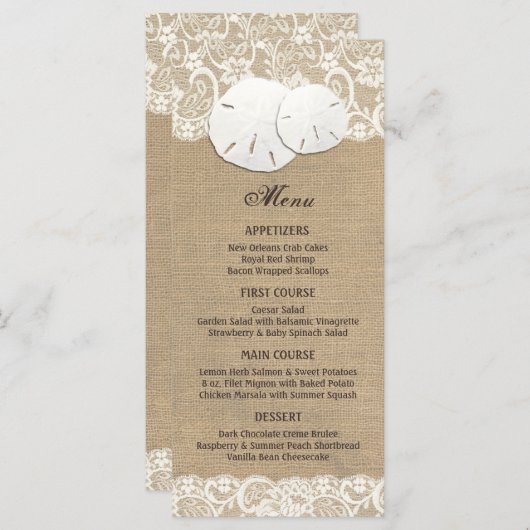 Strand Rustieke Warme Burlap Lace Menu Kaart (Voorkant / Achterkant)
