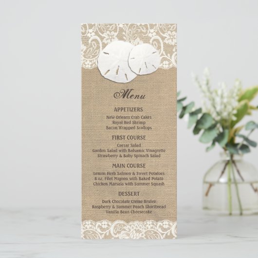 Strand Rustieke Warme Burlap Lace Menu Kaart (Staand voorkant)