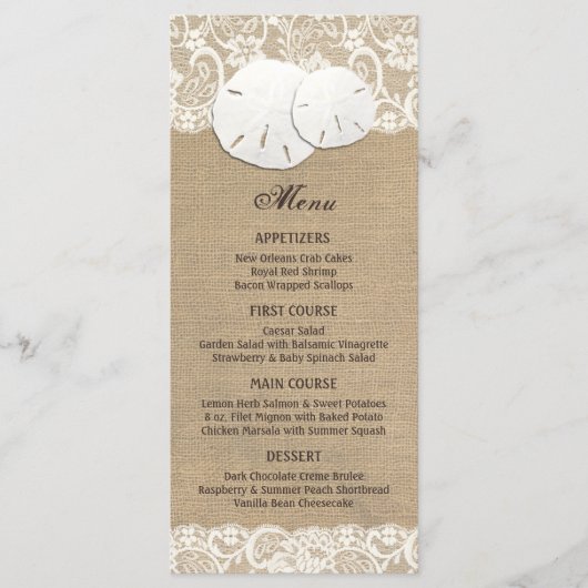 Strand Rustieke Warme Burlap Lace Menu Kaart (Voorkant)
