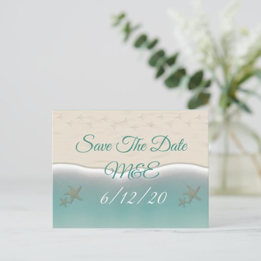 Strand Sandy Shore Zeesterren Save the Date Briefk Briefkaart (Staand voorkant)