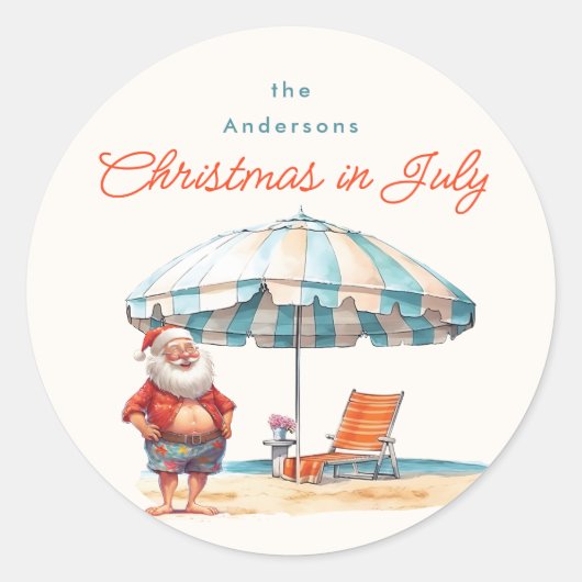 Strand Santa Waterverf Kerstmis in juli Party BBQ Ronde Sticker (Voorkant)