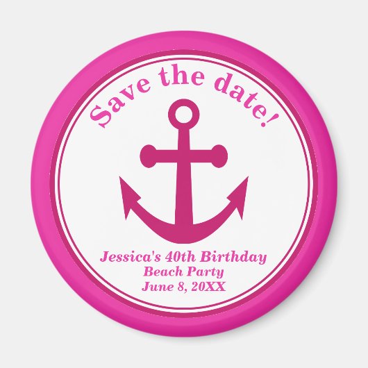 Strand Save the Date Magnet Roze Anker Verjaardag (Voorkant)