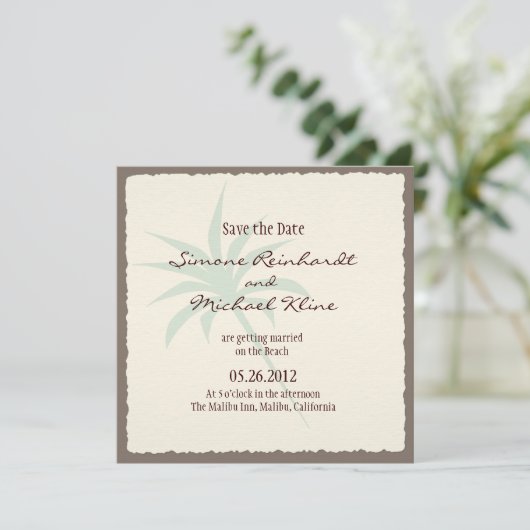 Strand Save the Date met palmbomen (Staand voorkant)