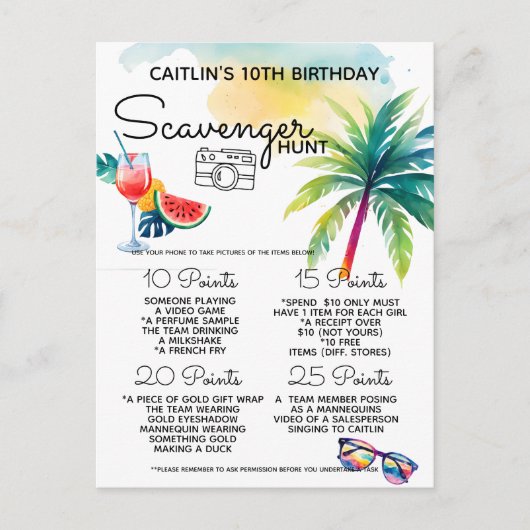 Strand scavenger hunt aankondigingskaart (Voorkant)