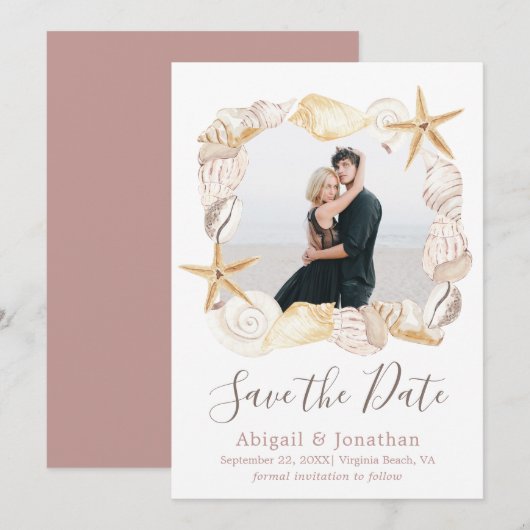 Strand Schelp Foto Blozend Roze Elegante Trouwdag Save The Date (Voorkant / Achterkant)