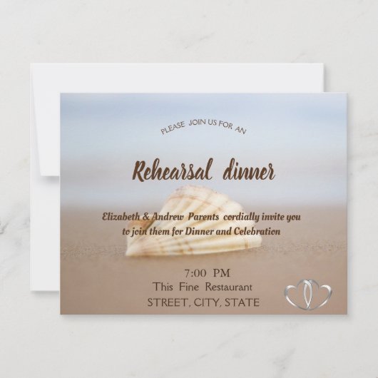 Strand Schelp, Harten Trouw Rehearsal Diner Kaart (Voorkant)