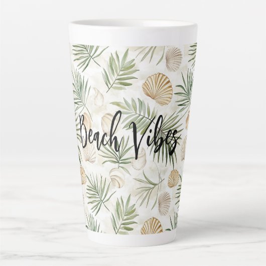 Strand Schelpen Groene Palmboom Bladeren Latte Mok (Voorkant)