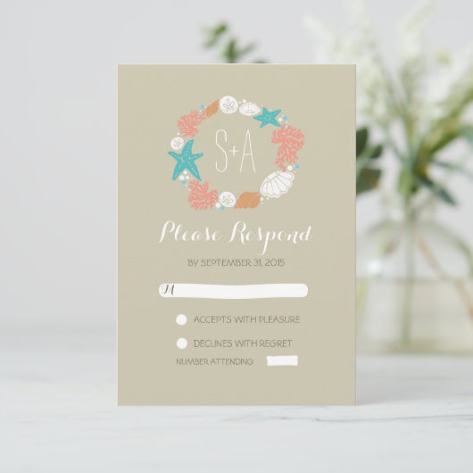 strand schelpen krans bruiloft RSVP kaarten (Staand voorkant)