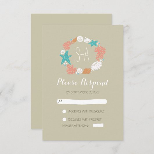 strand schelpen krans bruiloft RSVP kaarten (Voorkant / Achterkant)