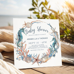 Strand Schelpen Zeepaardje en Zeester Baby Shower Kaart