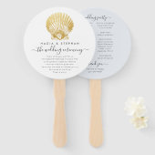 Strand Seashell Gold + Blauw huwelijksprogramma Handwaaier (Voorkant en achterkant)