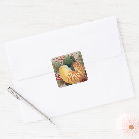  strand Seashell & Red Coral Vierkante Sticker (Envelop)