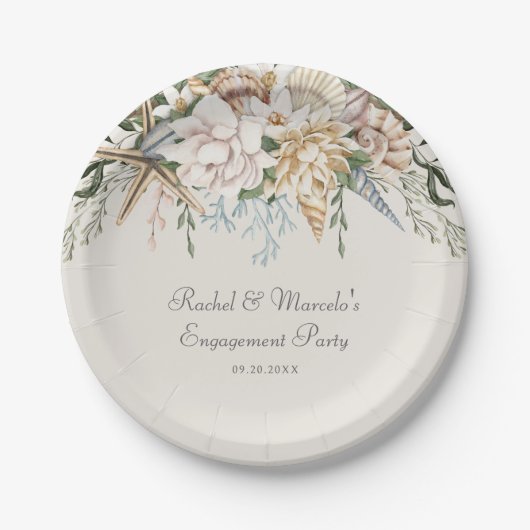 Strand Seashells Bloemen bruiloft Papieren Bordje (Voorkant)