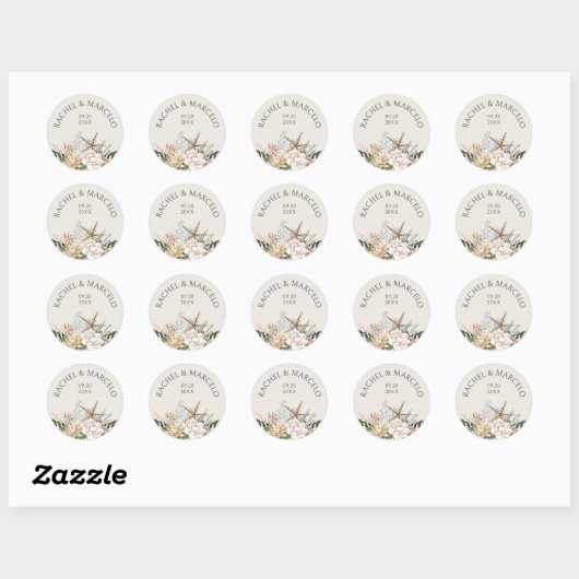 Strand Seashells Bloemen bruiloft Ronde Sticker (Vel)