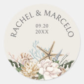 Strand Seashells Bloemen bruiloft Ronde Sticker (Voorkant)