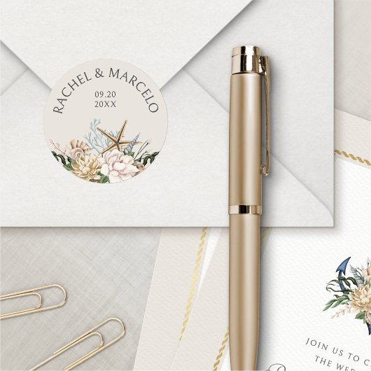 Strand Seashells Bloemen bruiloft Ronde Sticker