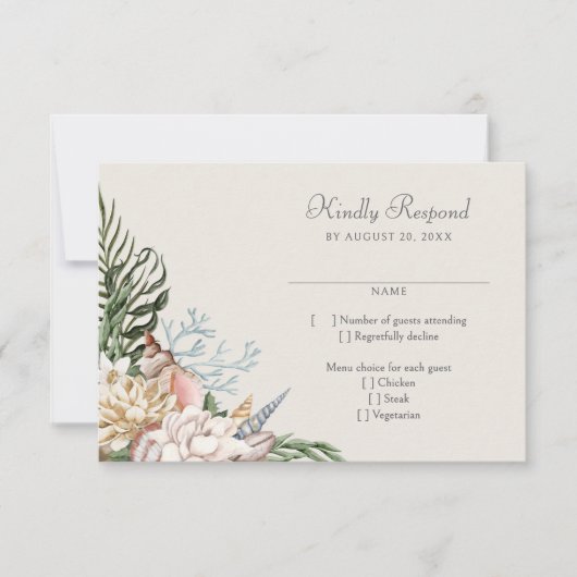 Strand Seashells Bloemen bruiloft RSVP (Voorkant)
