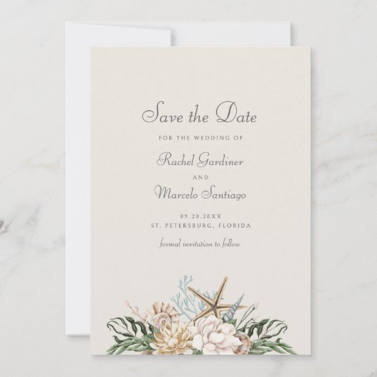 Strand Seashells Bloemen Trouwen Save the Date (Achterkant)