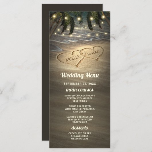 Strand Shore Hearts in het Zand Bruiloft Menu Kaar (Voorkant / Achterkant)