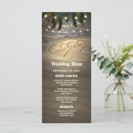 Strand Shore Hearts in het Zand Bruiloft Menu Kaar (Staand voorkant)