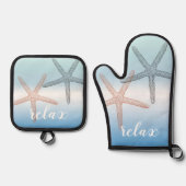 Strand Sinaasappel Blauwe Zeester Relax Ovenwant & Pannenlap Set (Voorkant)