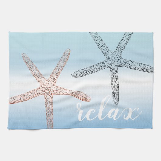 Strand Sinaasappel Blauwe Zeester Relax Theedoek (Horizontaal)