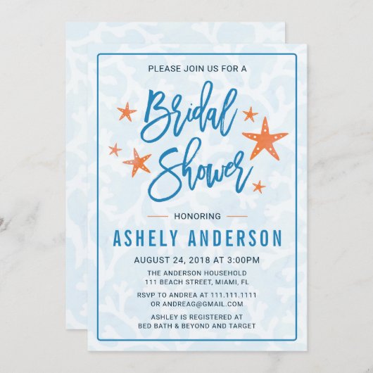 Strand Starfish bruids douche uitnodiging (Voorkant / Achterkant)