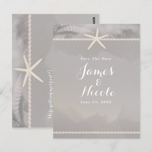 Strand Starfish Chic Grey Verloving Save the Date Briefkaart (Voorkant / Achterkant)