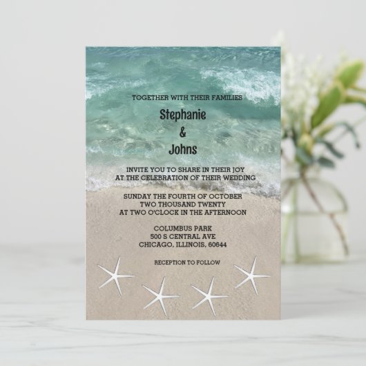 Strand Starfish Ocean Waves Destination Wedding Kaart (Staand voorkant)