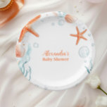 strand Starfish & Seashells Elegant Baby shower Papieren Bordje<br><div class="desc">Vaar in een grillig oceaanavontuur met onze Waterverf Whale Under the Zee Paper-Borden. Met een serene waterverf-afbeelding van een speelse walvis die door zachte oceaangolven zwemt, omringd door zachtaardige zeeen zoals zeesterren, zeepaardjes en koraal, brengen deze borden een vleugje nautische elegantie naar uw baby shower. Deze borden zijn ideaal voor...</div>