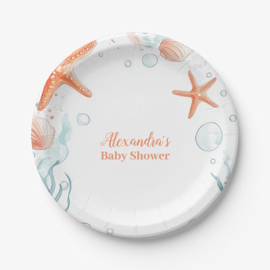 strand Starfish & Seashells Elegant Baby shower Papieren Bordje (Voorkant)