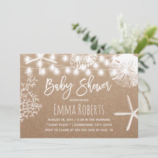 strand Starfish Seashells Rustic Kraft Baby shower Kaart (Staand voorkant)
