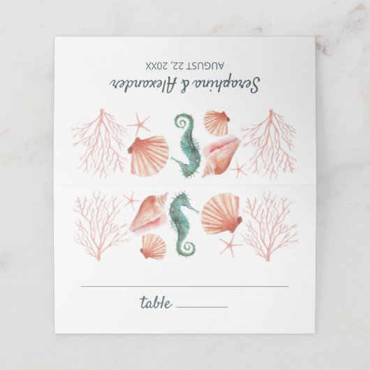 Strand | Strand Blauwe Aquarel Schelpen Bruiloft Plaatskaartje (Buitenkant ongevouwen)