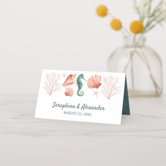 Strand | Strand Blauwe Aquarel Schelpen Bruiloft Plaatskaartje (Achterkant)