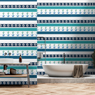 Strand Streep Blauw Wit Aqua Blauwgroen Anker Wall Behang