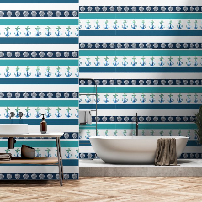 Strand Streep Blauw Wit Aqua Blauwgroen Anker Wall Behang (Badkamer)