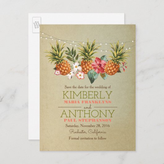 strand string lichten ananas opslaan de datum aankondigingskaart (Voorkant / Achterkant)