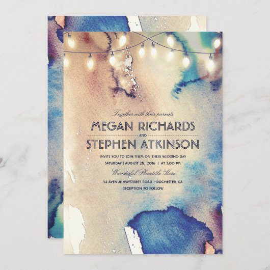  Strand String Lights Waterverf bruiloft Kaart (Voorkant / Achterkant)