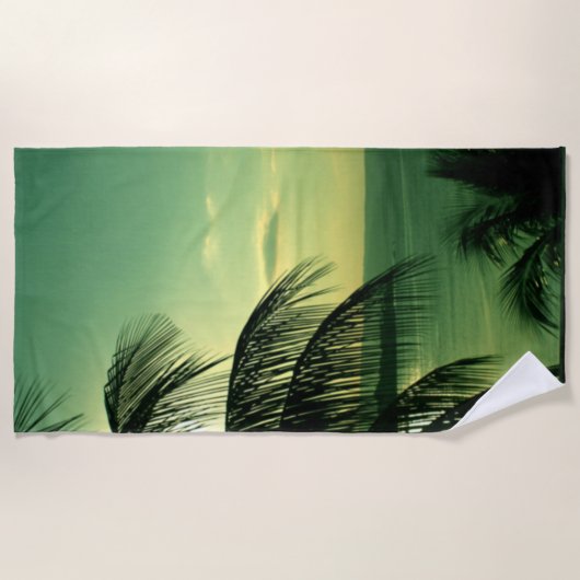 Strand Sunset Groen-Blauwe Hemel Zee Zwart Palm Strandlaken (Voorkant)