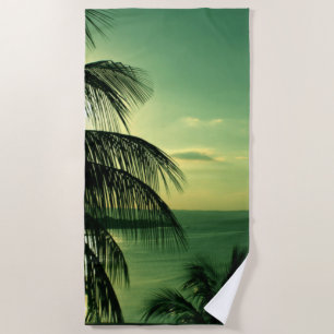 Strand Sunset Groen-Blauwe Hemel Zee Zwart Palm Strandlaken