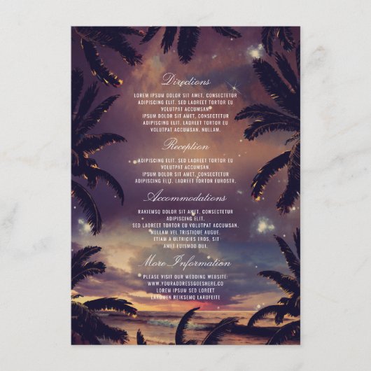 Strand Sunset Palm bladeren bruiloft details Informatiekaartje (Voorkant)