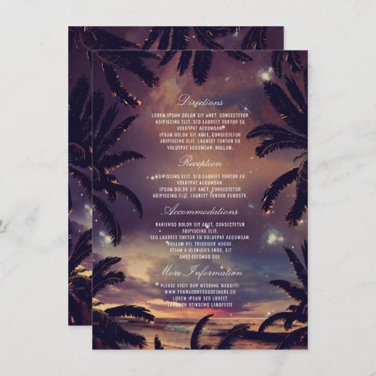 Strand Sunset Palm bladeren bruiloft details Informatiekaartje (Voorkant / Achterkant)