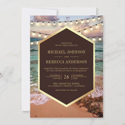 Strand Sunset String Lights Alles in één bruiloft Kaart (Voorkant)