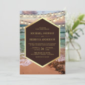 Strand Sunset String Lights Alles in één bruiloft Kaart (Staand voorkant)