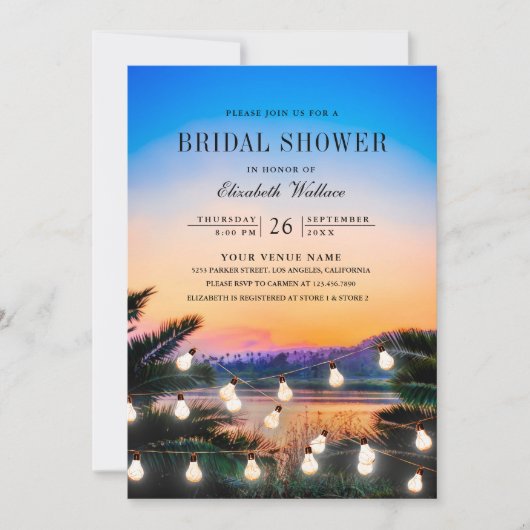 Strand Sunset String Lights Foto Vrijgezellenfeest Kaart (Voorkant)