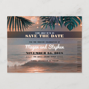 Strand Sunset String Lights Palmen Save the Date Aankondigingskaart