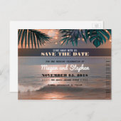 Strand Sunset String Lights Palmen Save the Date Aankondigingskaart (Voorkant / Achterkant)