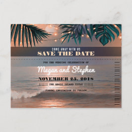 Strand Sunset String Lights Palmen Save the Date Aankondigingskaart